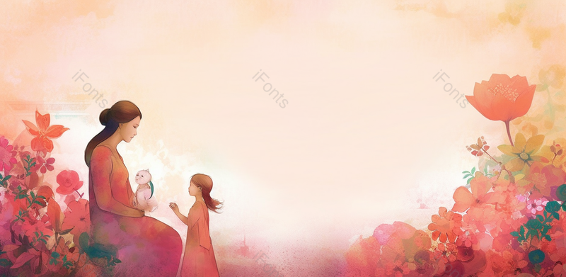 母亲节简约插画花丛中的母女,插画/手绘图,插画/手绘图库,插画/手绘图下载,插画/手绘